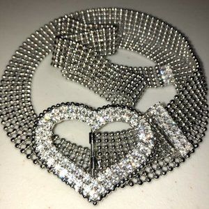 Silver Crystal Belt w/ Fashion Rhinestone Heart Buckle Med-Large